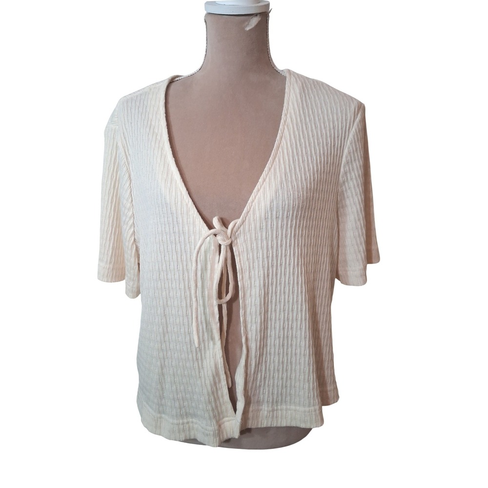 Vintage Kathie Lee Woman Ivory Rib Knit Front Tie Short Sleeve Cardigan 20W 90s
